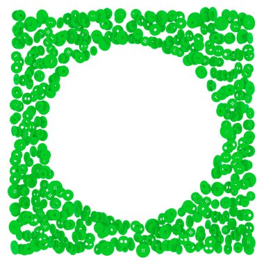 Ortasında dairesel bir delik bulunan 3 boyutlu parlak yeşil düğmeler beyaz bir arkaplanda izole edilmiş ve metin için boşluk bırakılmış. Dikiş atölyesi için, atölye. Hazırla