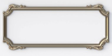 3 boyutlu illüstrasyon. Barok tarzında klasik dekoratif elementler dikdörtgen çerçeve şeklinde. Beyaz arka planda izole edilmiş altın elementlerin bayram dekoru. Dijital çizimler. Altın çerçeve