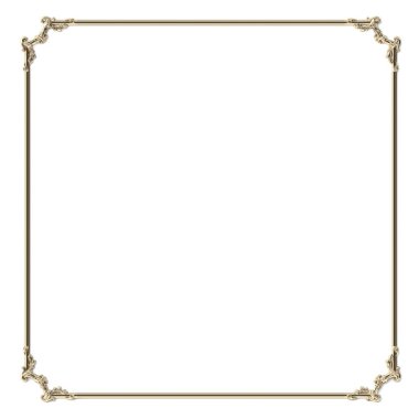 3 boyutlu illüstrasyon. Barok tarzında klasik dekoratif elementler dikdörtgen çerçeve şeklinde. Beyaz arka planda izole edilmiş altın elementlerin bayram dekoru. Dijital çizimler. Altın çerçeve