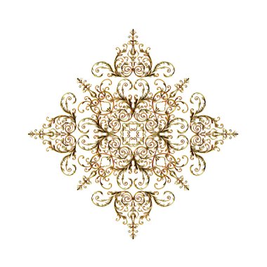 3 boyutlu illüstrasyon. Yuvarlak çerçeveli klasik dekoratif elementler. Beyaz arka planda izole edilmiş altın elementlerin şenlikli dekoru. Dijital illüstrasyon. Altın çerçeve. Dekoratif roset, iç dekorasyon