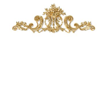 3 boyutlu illüstrasyon. Barok tarzında klasik dekoratif elementler dikdörtgen çerçeve şeklinde. Beyaz arka planda izole edilmiş altın elementlerin bayram dekoru. Dijital çizimler. Altın çerçeve