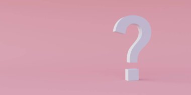 3 boyutlu illüstrasyon. Soru işareti, pembe arka planda beyaz ve gölgesi var. 3D canlandırma motivasyon bir karakter, bir kartpostal için, arka plan, meditasyon temaları, yansıma.