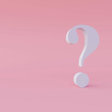 3 boyutlu illüstrasyon. Soru işareti, pembe arka planda beyaz ve gölgesi var. 3D canlandırma motivasyon bir karakter, bir kartpostal için, arka plan, meditasyon temaları, yansıma.