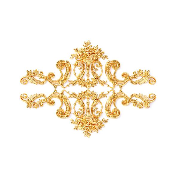 3d illustration. Classical decorative elements in Baroque style in the form of a rectangular frame. Holiday decor of gold elements isolated on a white background.Digital illustrations. Golden frame