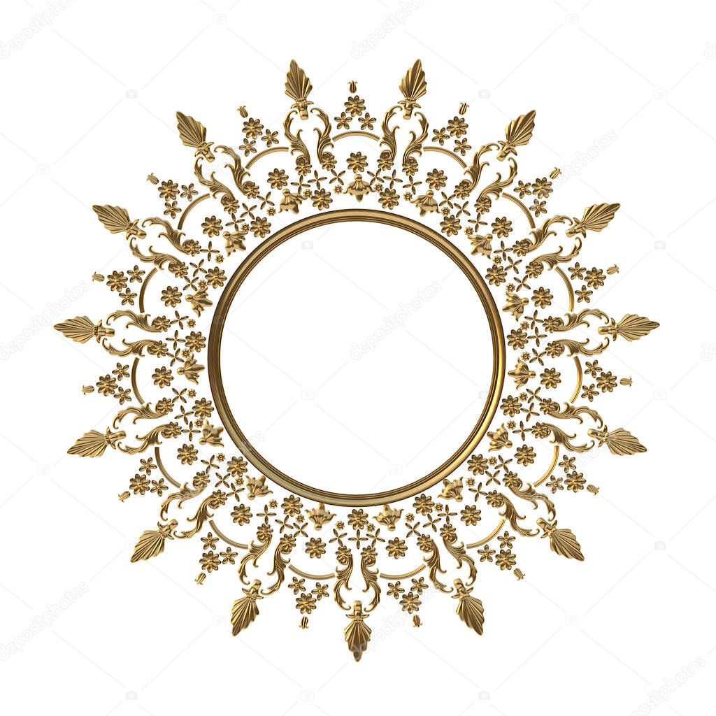 3d illustration. Classic decorative elements in a round frame. Festive decor of gold elements isolated on a white background.Digital illustration. Gold frame. Decorative rosette, interior decor