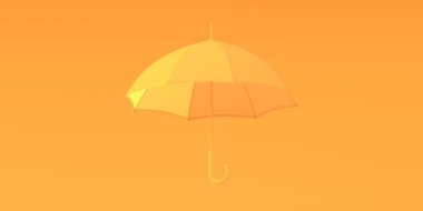 3 boyutlu illüstrasyon. Sarı renkli bir şemsiye, gölgesi var, sarı arka planda izole edilmiş. Arka plan resmi, barınak, koruma ve hava durumu konularında duvar kağıdı. Hazırla