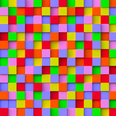Çok renkli küplerin soyut arkaplanının 3 boyutlu canlandırması. Çok renkli küplerden soyut arkaplan, aynı boyda, farklı yükseklikte, 3 boyutlu panel, 3 boyutlu illüstrasyon, görüntüleme