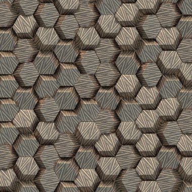 3 boyutlu illüstrasyon. Alanın derinliğinin etkisiyle soyut altıgen altın arkaplan. Çok sayıda altın altıgen var. Hücresel, altın 3D panel. Hazırla. Bir duvarın 3 boyutlu dokusu, altıgen kümeler