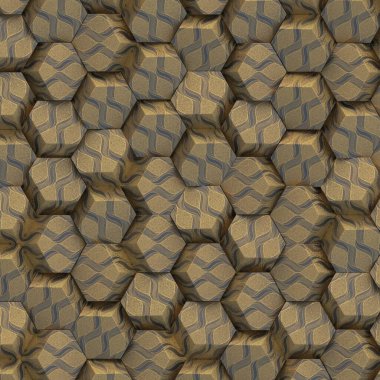 3 boyutlu illüstrasyon. Alanın derinliğinin etkisiyle soyut altıgen altın arkaplan. Çok sayıda altın altıgen var. Hücresel, altın 3D panel. Hazırla. Bir duvarın 3 boyutlu dokusu, altıgen kümeler