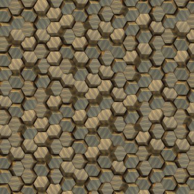 3 boyutlu illüstrasyon. Alanın derinliğinin etkisiyle soyut altıgen altın arkaplan. Çok sayıda altın altıgen var. Hücresel, altın 3D panel. Hazırla. Bir duvarın 3 boyutlu dokusu, altıgen kümeler