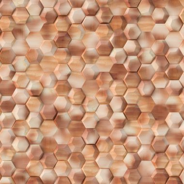 Üç boyutlu tasvir dokusu, arka plan, üç boyutlu, gerçekçi tahta çokgenler, gölgeli, doğal ahşap dokusuyla, farklı yüksekliklerde. Altıgen bir duvarın 3D yapısını oluştur