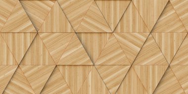 3 boyutlu illüstrasyon. Aynı boyutta üç boyutlu üçgenlerin arkaplan görüntüsü, farklı yüksekliklerde, bir gölge ve doğal ve boyalı ahşap dokusuyla. Tahta panel. Hazırla