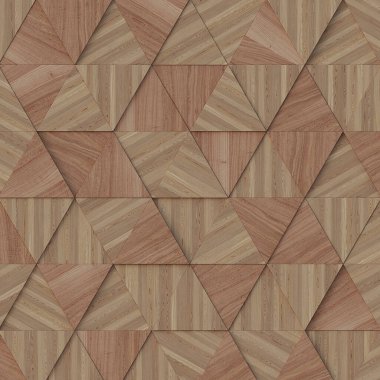 3 boyutlu illüstrasyon. Aynı boyutta üç boyutlu üçgenlerin arkaplan görüntüsü, farklı yüksekliklerde, bir gölge ve doğal ve boyalı ahşap dokusuyla. Tahta panel. Hazırla