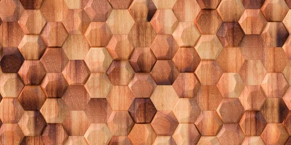 3Dイラストさまざまな高さに位置する天然木の質感を持つ影を持つテクスチャ 三次元 現実的な木製多角形 レンダリング壁の立体感 六角形 — ストック写真