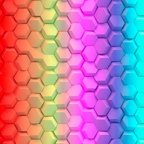 D illustration Abstract hexagonal background with depth of field effect. A large number of colored hexagons. Cellular, gradient 3d panel. Render.3d wall texture, hexagonal color clusters