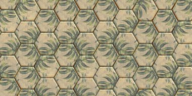 3 d illustration. Abstract background. 3 d panel of cells. Rows of polygons of the same size. Polygons of gold color with a palm leaf print. Background image, golden polygon panel. RenderPalm leaves. clipart