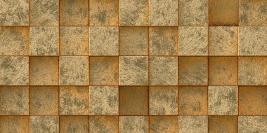 Üç boyutlu illüstrasyon. Soyut arkaplan. Aynı büyüklükte altın küpler, farklı seviyelerde gölgeler ve alan etkisi. Çok sayıda altın küp var. Altın kaplama 3 boyutlu panel. Render 3d 