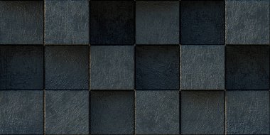 3 boyutlu illüstrasyon. Aynı boyutta gölgesi olan, farklı seviyelerde uzayda bulunan gerçekçi siyah katı küpler. 3d küplerin soyut arkaplanı. Karanlık küplerin arka planı. 3D görüntüleme. 3D panel.