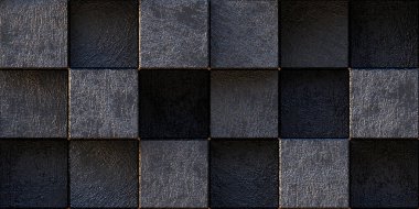 3 boyutlu illüstrasyon. Aynı boyutta gölgesi olan, farklı seviyelerde uzayda bulunan gerçekçi siyah katı küpler. 3d küplerin soyut arkaplanı. Karanlık küplerin arka planı. 3D görüntüleme. 3D panel.