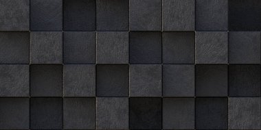3 boyutlu illüstrasyon. Aynı boyutta gölgesi olan, farklı seviyelerde uzayda bulunan gerçekçi siyah katı küpler. 3d küplerin soyut arkaplanı. Karanlık küplerin arka planı. 3D görüntüleme. 3D panel.