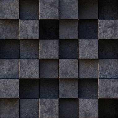 3 boyutlu illüstrasyon. Aynı boyutta gölgesi olan, farklı seviyelerde uzayda bulunan gerçekçi siyah katı küpler. 3d küplerin soyut arkaplanı. Karanlık küplerin arka planı. 3D görüntüleme. 3D panel.