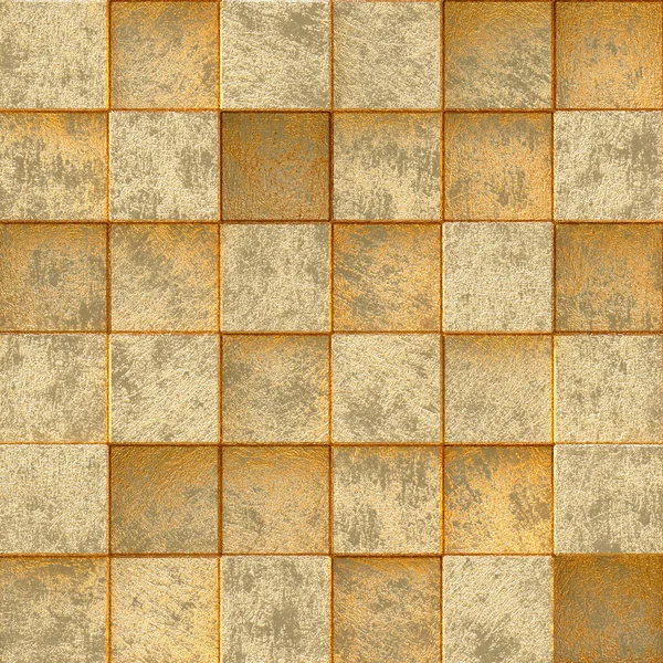 Üç boyutlu illüstrasyon. Soyut arkaplan. Aynı büyüklükte altın küpler, farklı seviyelerde gölgeler ve alan etkisi. Çok sayıda altın küp var. Altın kaplama 3 boyutlu panel. Render 3d 