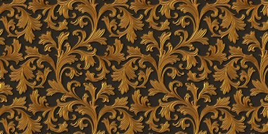 Üç boyutlu resimleme soyut arkaplan. İş, yapraklı altın dallar, siyah arka planda gölgeler. Çiçek süslemeli dekoratif ızgara, 3 boyutlu panel. Geleceğe yönelik bir geçmiş. Hazırla