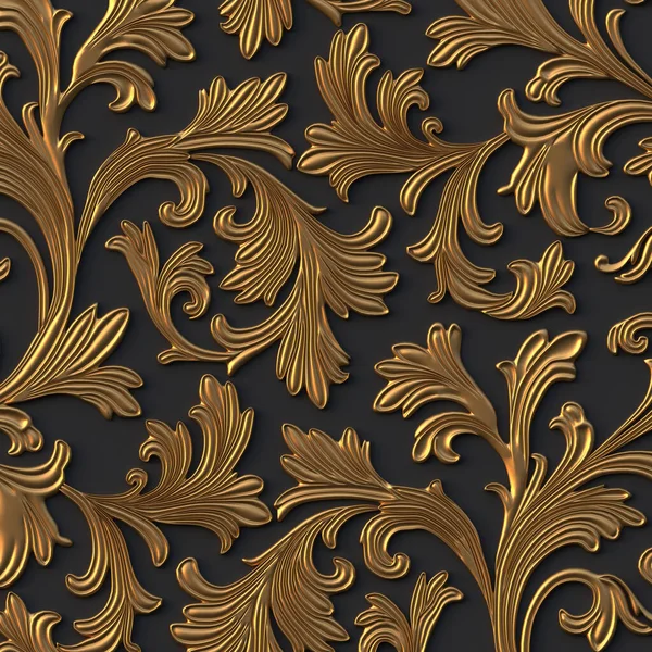 Üç boyutlu resimleme soyut arkaplan. İş, yapraklı altın dallar, siyah arka planda gölgeler. Çiçek süslemeli dekoratif ızgara, 3 boyutlu panel. Geleceğe yönelik bir geçmiş. Hazırla