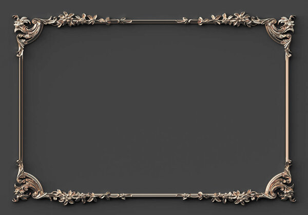 3D illustration Classic baroque decorative elements in the form of a rectangular frame. Holiday decor gold elements isolated on gray background. Digital illustration. Gold frame