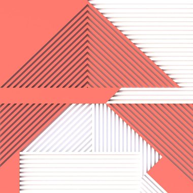 3 boyutlu illüstrasyon. Soyut mercan beyaz arka plan. Üç boyutlu şekil ve çizgilerin yatay ve çapraz olarak yerleştirilmiş geometrik bileşimi. Üç boyutlu panel. Modern grafik resminin arkaplanı. render