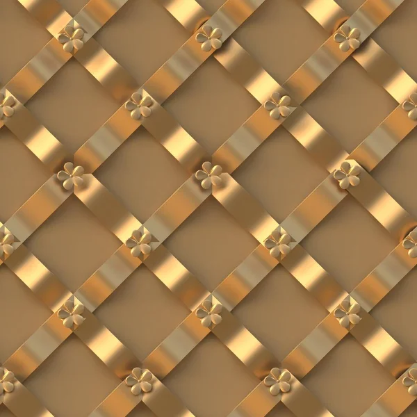 3 d illustration. Image of intersecting tape volume. Geometric ornament of interwoven gold ribbons with decor.  Gold ribbons. Festive background. Abstract picture, modern design. Render.