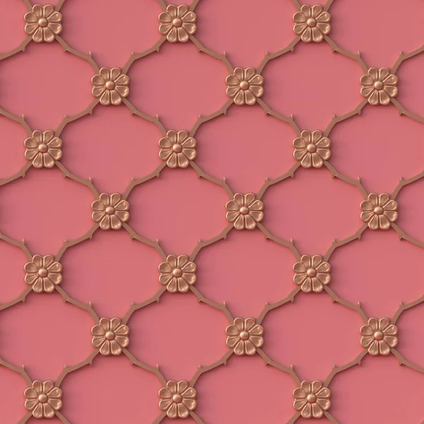 3Dイラスト 珊瑚ピンクの背景に隔離された金色の東洋の装飾 装飾と金の格子の形で幾何学的な装飾 お祭りの背景 東洋の装飾 レンダリング — ストック写真