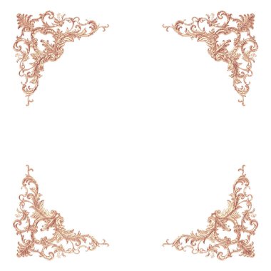 3 boyutlu illüstrasyon. Barok tarzında klasik dekoratif elementler. Beyaz arka planda izole edilmiş altın elementlerden tatil dekoru. Dijital çizim. Tasarım için eski elementler. Altın oyma. .