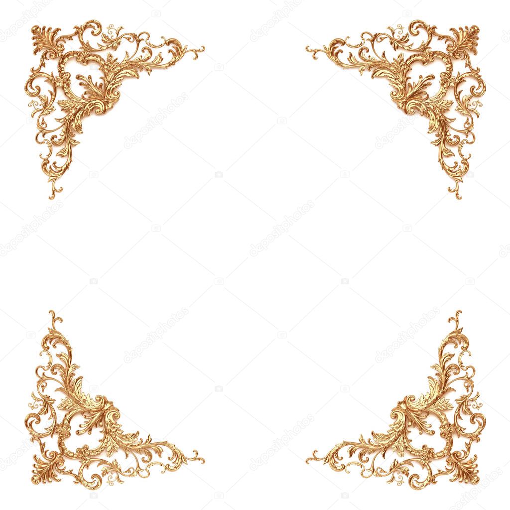 3d illustration. Classical decorative elements in baroque style. Holiday decor from gold elements isolated on white background. Digital illustration. Set of old elements for design.Gold engraving .