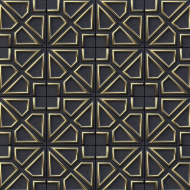 Üç boyutlu illüstrasyon. Siyah kabartmalı arka planda altın geometrik süs. Hazırla. Üç boyutlu duvar dokusu. Soyut arkaplan. Altın kafes. Şenlik arka planı. Geometrik altın süsü. Doğu süsü. 