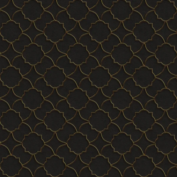 3D illustration. Golden geometric ornament on a black embossed background. Render. 3d wall texture. Abstract background. Gold lattice. Festive background. Geometric gold ornament. Eastern ornament.