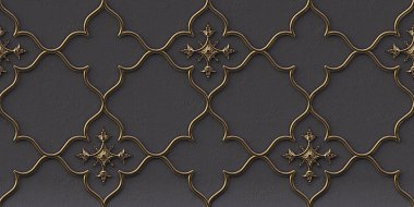 Üç boyutlu illüstrasyon. Siyah kabartmalı arka planda altın geometrik süs. Hazırla. Üç boyutlu duvar dokusu. Soyut arkaplan. Altın kafes. Şenlik arka planı. Geometrik altın süsü. Doğu süsü. 