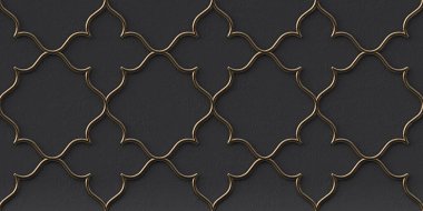 Üç boyutlu illüstrasyon. Siyah kabartmalı arka planda altın geometrik süs. Hazırla. Üç boyutlu duvar dokusu. Soyut arkaplan. Altın kafes. Şenlik arka planı. Geometrik altın süsü. Doğu süsü. 
