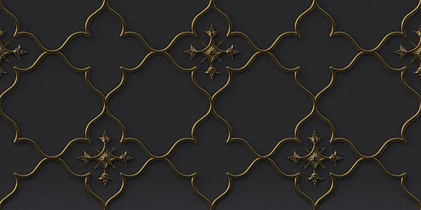 3D illustration. Golden geometric ornament on a black embossed background. Render. 3d wall texture. Abstract background. Gold lattice. Festive background. Geometric gold ornament. Eastern ornament.