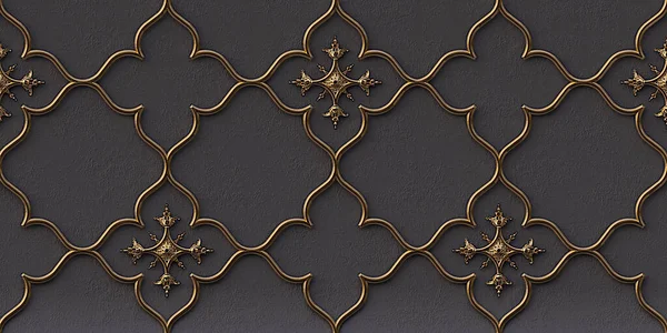 Üç boyutlu illüstrasyon. Siyah kabartmalı arka planda altın geometrik süs. Hazırla. Üç boyutlu duvar dokusu. Soyut arkaplan. Altın kafes. Şenlik arka planı. Geometrik altın süsü. Doğu süsü. 