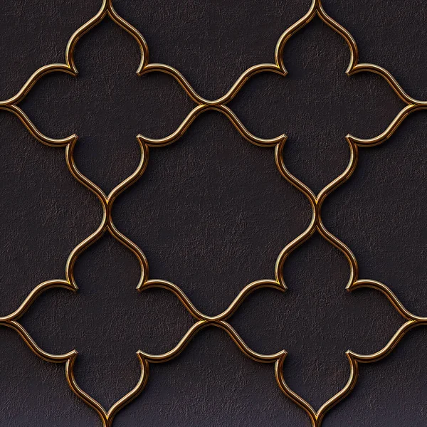 Üç boyutlu illüstrasyon. Siyah kabartmalı arka planda altın geometrik süs. Hazırla. Üç boyutlu duvar dokusu. Soyut arkaplan. Altın kafes. Şenlik arka planı. Geometrik altın süsü. Doğu süsü. 