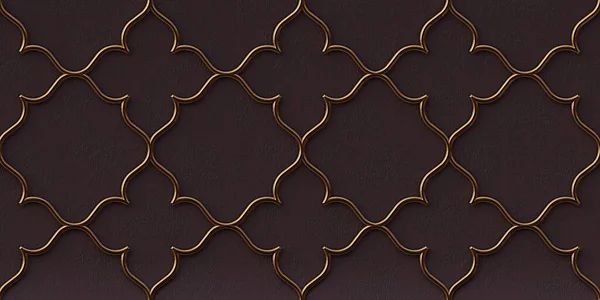 3D illustration. Golden geometric ornament on a black embossed background. Render. 3d wall texture. Abstract background. Gold lattice. Festive background. Geometric gold ornament. Eastern ornament.