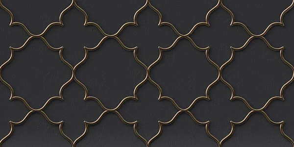 Üç boyutlu illüstrasyon. Siyah kabartmalı arka planda altın geometrik süs. Hazırla. Üç boyutlu duvar dokusu. Soyut arkaplan. Altın kafes. Şenlik arka planı. Geometrik altın süsü. Doğu süsü. 
