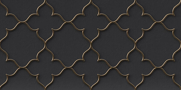 3D illustration. Golden geometric ornament on a black embossed background. Render. 3d wall texture. Abstract background. Gold lattice. Festive background. Geometric gold ornament. Eastern ornament. 