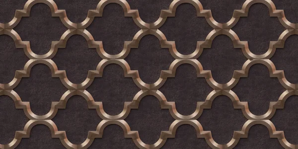 Üç boyutlu illüstrasyon. Siyah kabartmalı arka planda altın geometrik süs. Hazırla. Üç boyutlu duvar dokusu. Soyut arkaplan. Altın kafes. Şenlik arka planı. Geometrik altın süsü. Doğu süsü. 