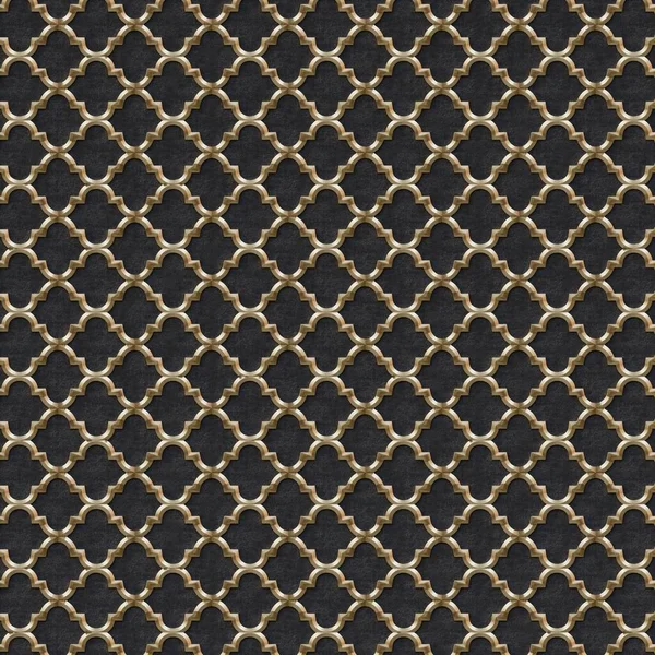3D illustration. Golden geometric ornament on a black embossed background. Render. 3d wall texture. Abstract background. Gold lattice. Festive background. Geometric gold ornament. Eastern ornament.