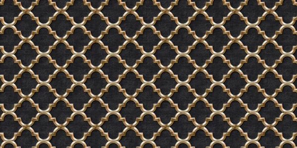 3D illustration. Golden geometric ornament on a black embossed background. Render. 3d wall texture. Abstract background. Gold lattice. Festive background. Geometric gold ornament. Eastern ornament.