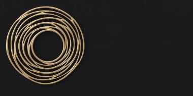 3 boyutlu illüstrasyon, soyut resim. Altın kıvrımlı çizgiler, siyah bir arka planda hacimli görüntü. Arkaplan resmi, 3 boyutlu panel, siyah arka planda altın soyutlama. Tatil kartı. Hazırla