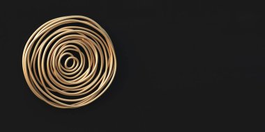 3 boyutlu illüstrasyon, soyut resim. Altın kıvrımlı çizgiler, siyah bir arka planda hacimli görüntü. Arkaplan resmi, 3 boyutlu panel, siyah arka planda altın soyutlama. Tatil kartı. Hazırla