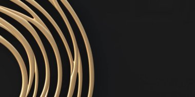 3 boyutlu illüstrasyon, soyut resim. Altın kıvrımlı çizgiler, siyah bir arka planda hacimli görüntü. Arkaplan resmi, 3 boyutlu panel, siyah arka planda altın soyutlama. Tatil kartı. Hazırla